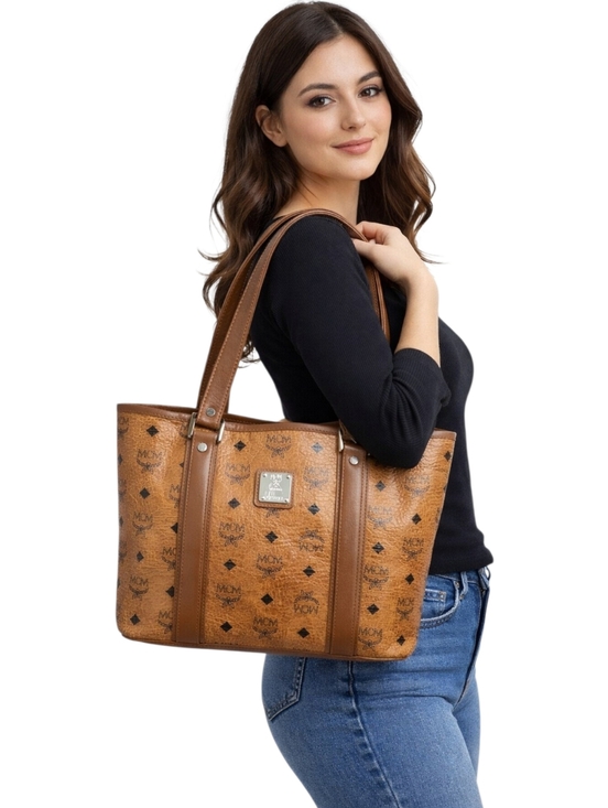 MCM Handbags - MCM Cognac Visetos Monogram Tote Bag Large Leather Shoulder Bag EUC